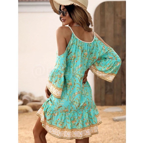 Mint Green Cold Shoulder Tassel Detail Loose Fitting Mini Dress Short Floral - Picture 7 of 10